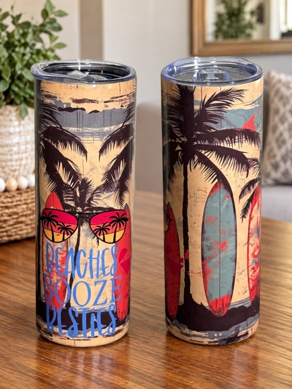 NIB Customized 20 oz Skinny Tumbler, Sublimated Tumbler, Beaches Booze Besties